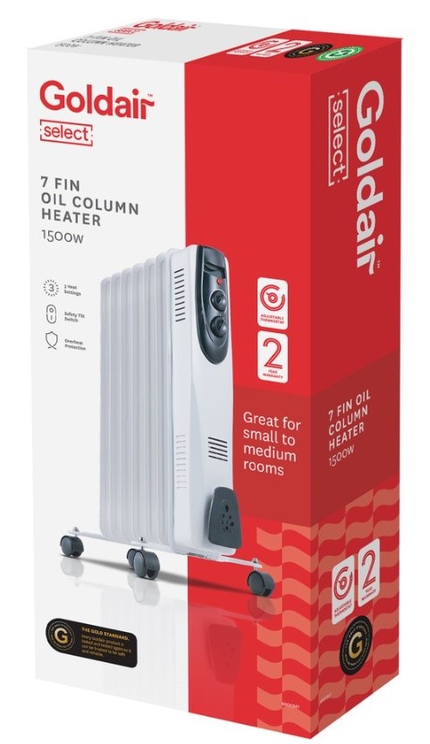 GOLDAIR 7 Fin Oil Column Heater, 1500W. NB: minor use, missing 1x wheel and