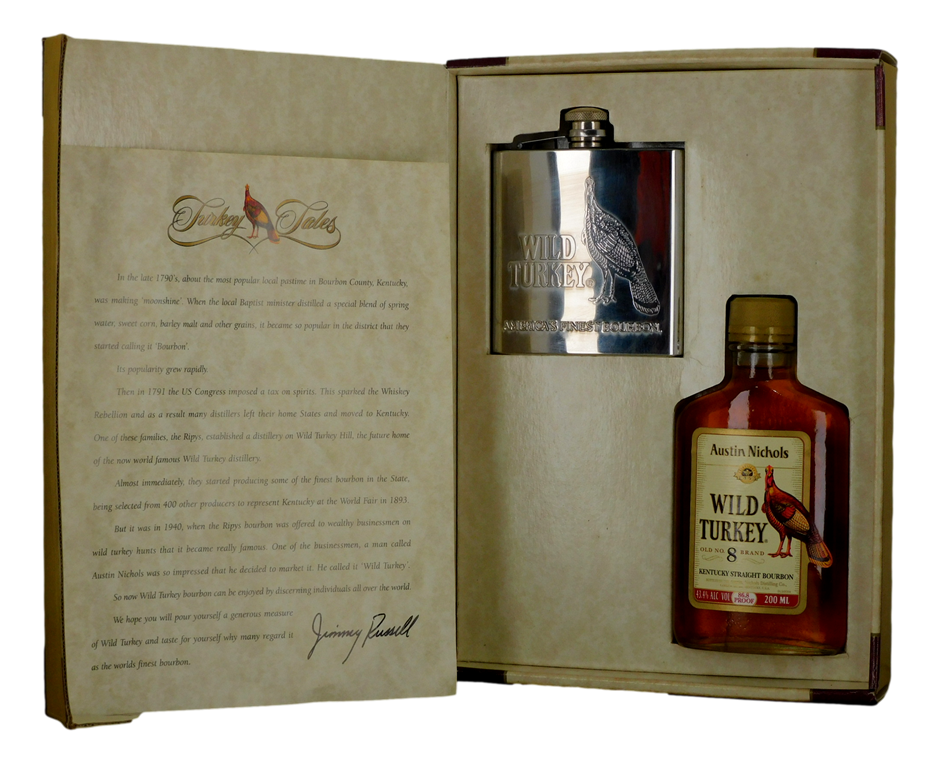 Wild Turkey Kentucky Straight Bourbon (1x 200mL), Wild Turkey Hip Flask