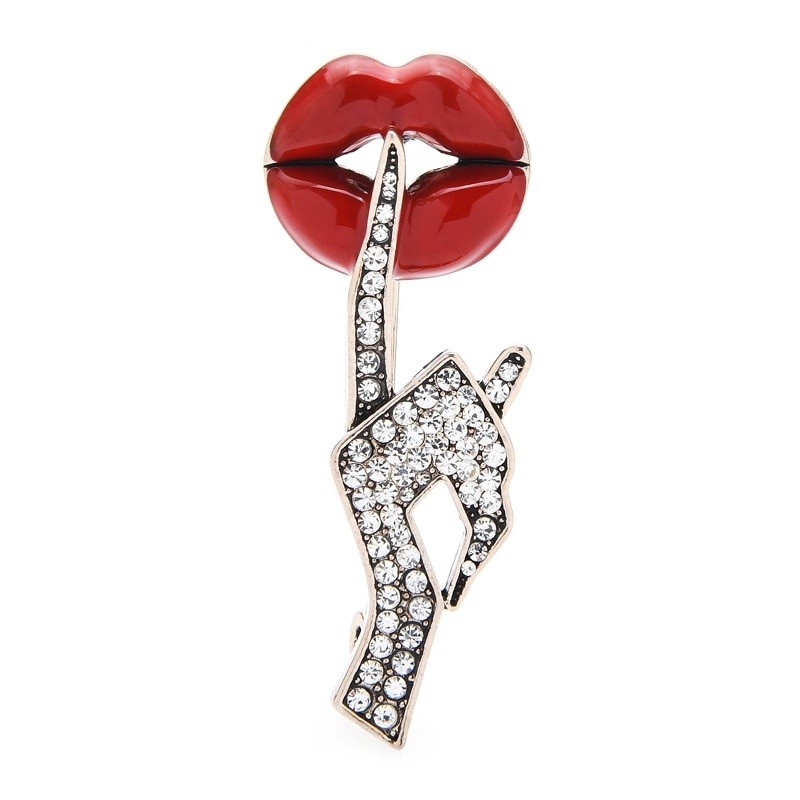 Designer Enamel White, Gold & Red Hand Lip "Shhhh" Brooch Pin