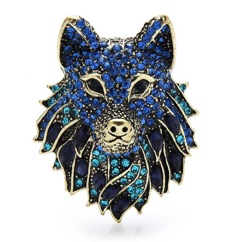 Designer Simulated Diamond Blue Cool Wolf Brooch Pin