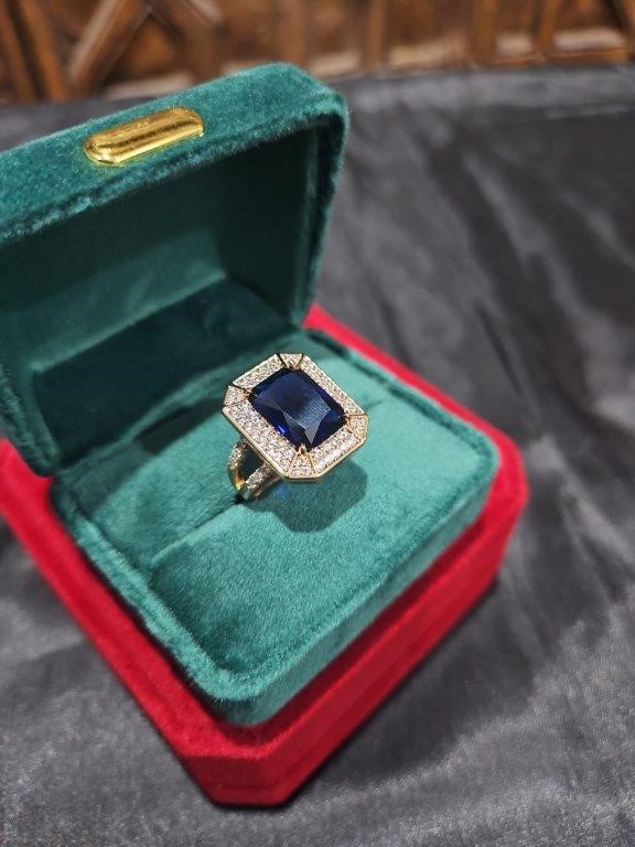 18K/Italy 8.0ct Blue Emerald Cut  Yellow Gold Filled Ring(stamped)-10US