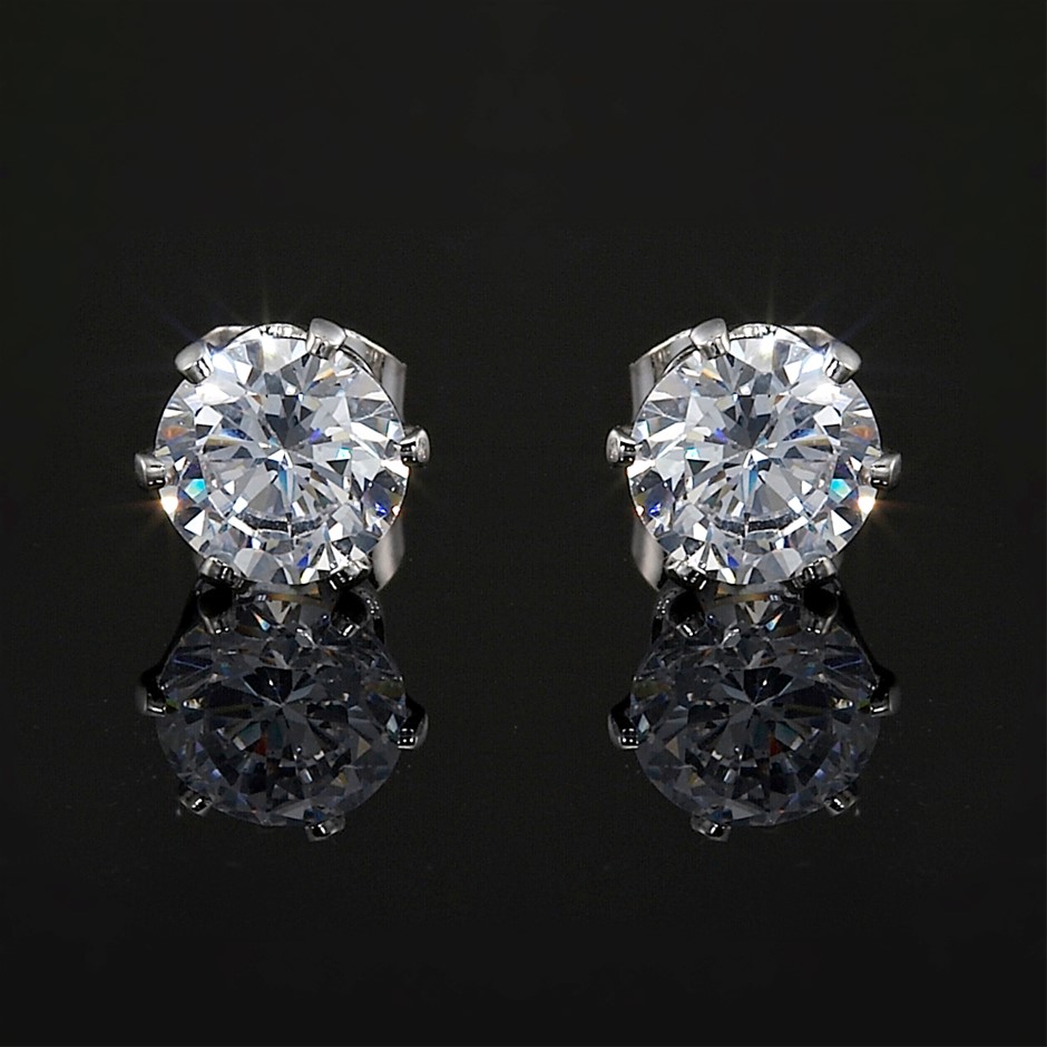 Solid 925 Sterling Silver 6mm Stud Earrings Featuring 2 Crystals