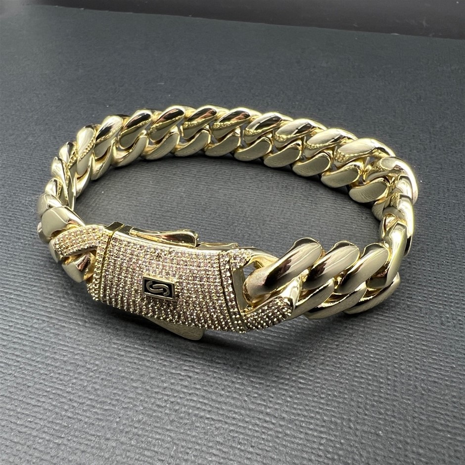 14K Gold-Filled Solid Cuban Bracelet, Simulated Diamonds,15MM Wide - 17.8cm