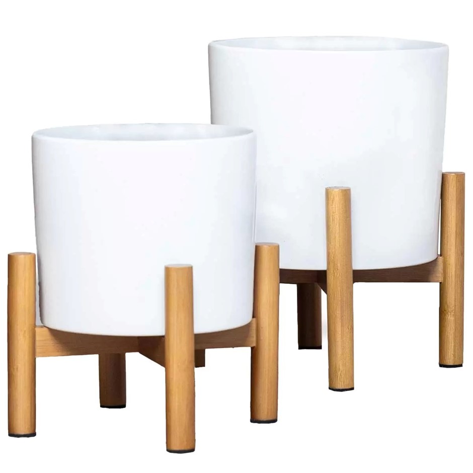 Ceramic Planters With Bamboo Stands, White, 2pk. NB: Not in original packag