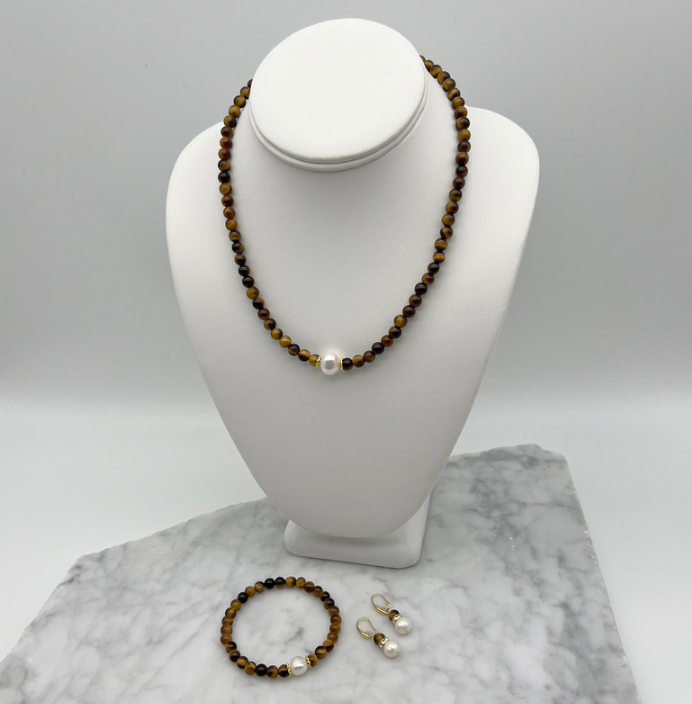 White Pearls Tiger Eye Gemstone Jewellery  Set