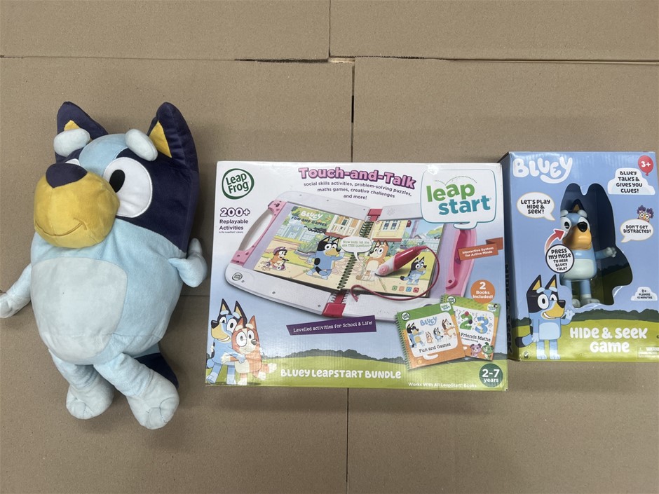 3 x ASSORTED TOYS 2-7 Years, Bluey, Plush, LeapFrog. NB: Photo as is, Some
