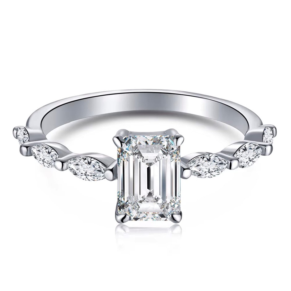 1.0ct Rectangle GRA Certified Moissanite 925 Sterling Silver Ring - Size 9