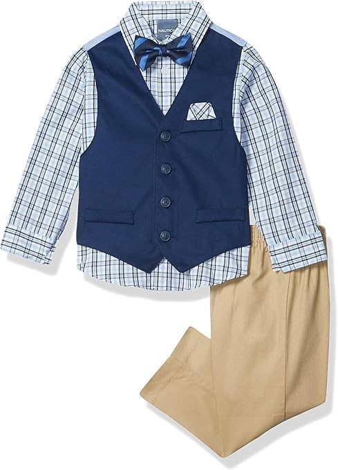 NAUTICA Boys 4-Piece Formal Suit Set, Vest, Pants, Collared Dress Shirt, an