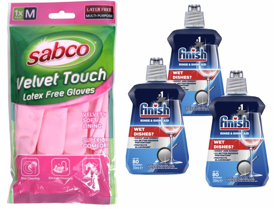 BUNDLE: 3 x Finish Rinse & Shine Aid 250mL + Sabco Velvet Touch Gloves 8 Pa