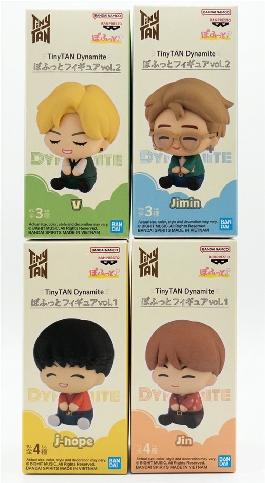 4 x BTS TinyTan Dynamite Figures: Vol.1 J-Hope, Vol.1 Jin, Vol.2 V, Vol.2 J