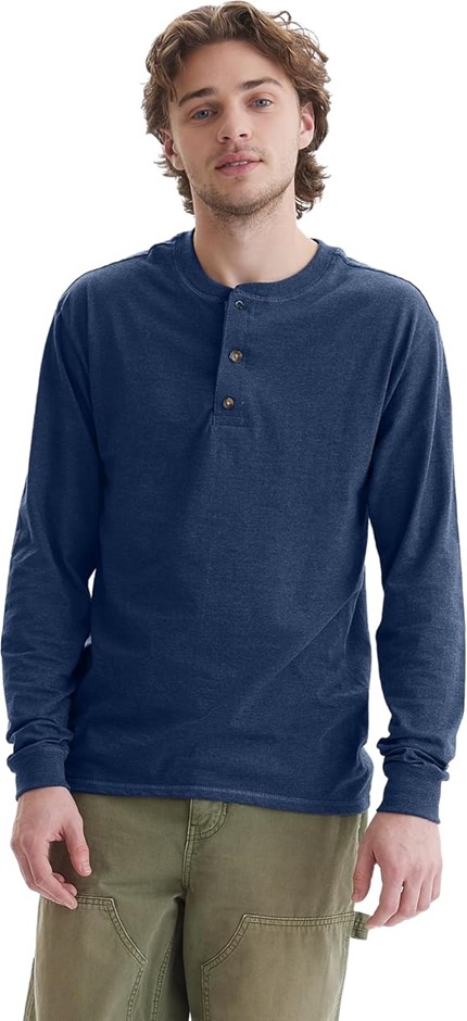 HANES Men's Long Sleeve Beefy Henley Long Sleeves Shirt, Size XL, Navy Heat