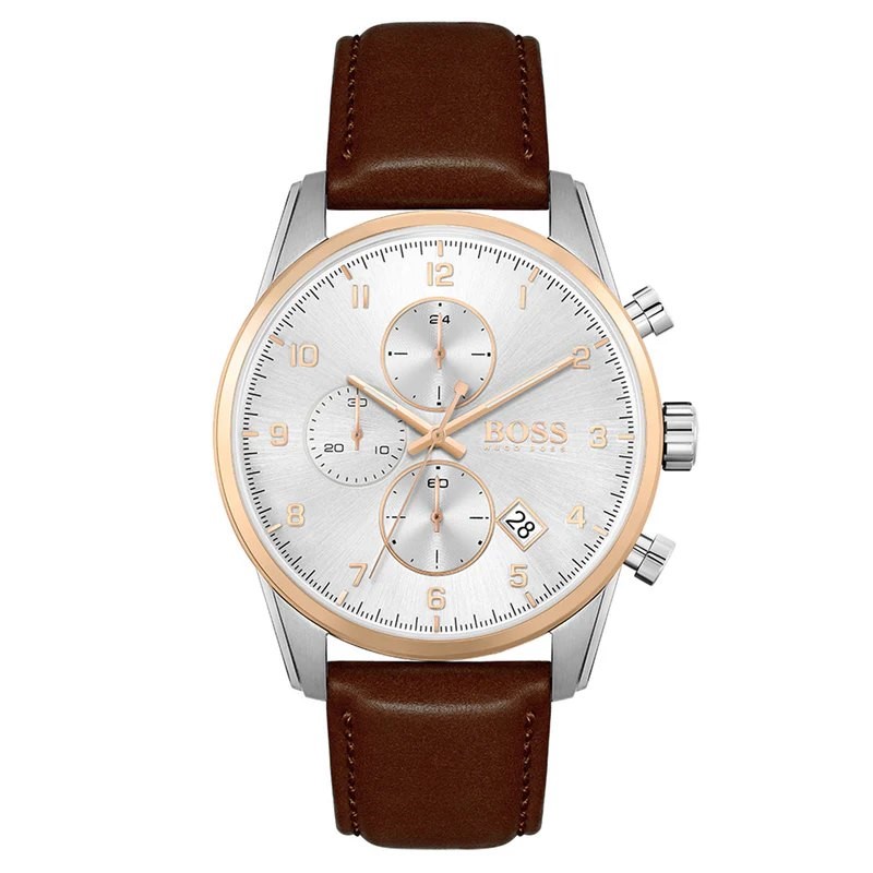 HUGO BOSS Skymaster Chronograph White Dial Brown Leather Strap Watch for Me
