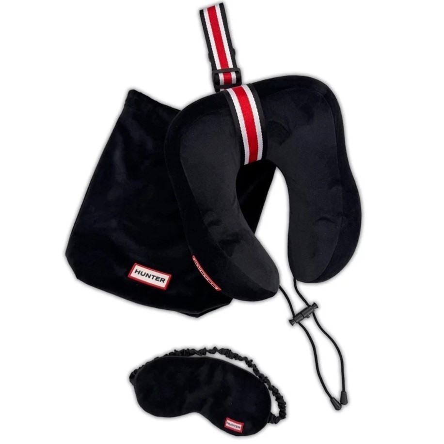 HUNTER Travel Pillow & Eye Mask 3-Piece Set, Black. NB: Damaged packaging.