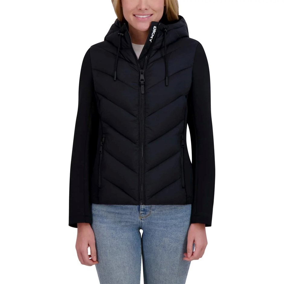 DKNY Women's Mixed Media Jacket, Size L, Black. Buyers Note - Discount Fre