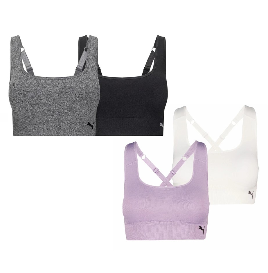 4 x PUMA Square Neck Seamless Sports Bras, Size L, Med Heather Grey/Black/P