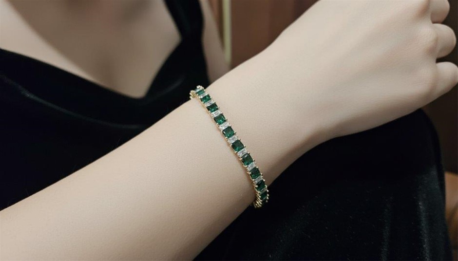 14k Rose Gold Filled Princess Cut -Green,White Stones Tennis Bracelet