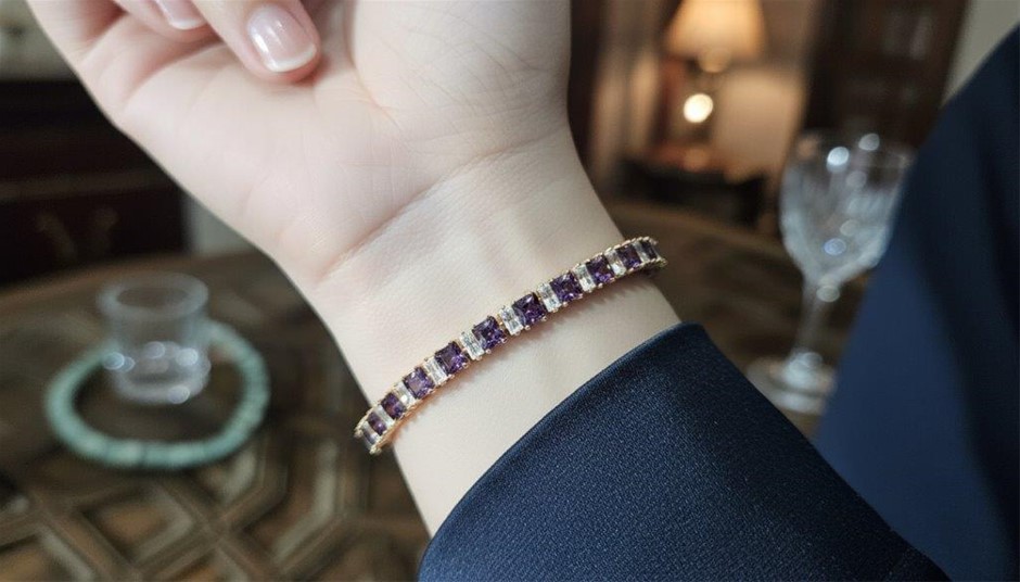 14k Rose Gold Filled Princess Cut -Purple,White Stones Tennis Bracelet