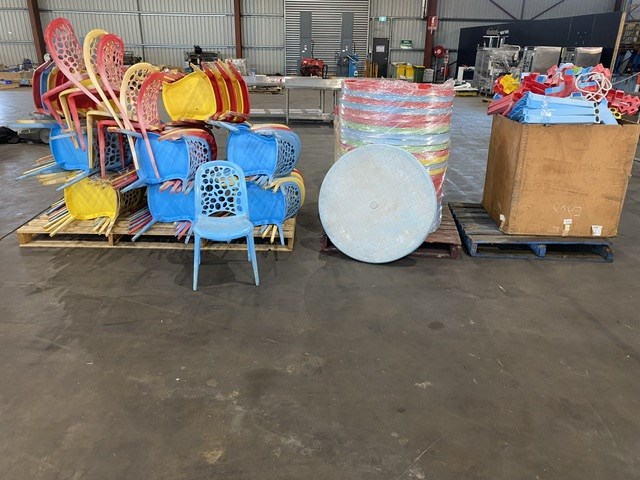 <p>Large Qty of Assorted Coloured Round Table & Chairs</p>