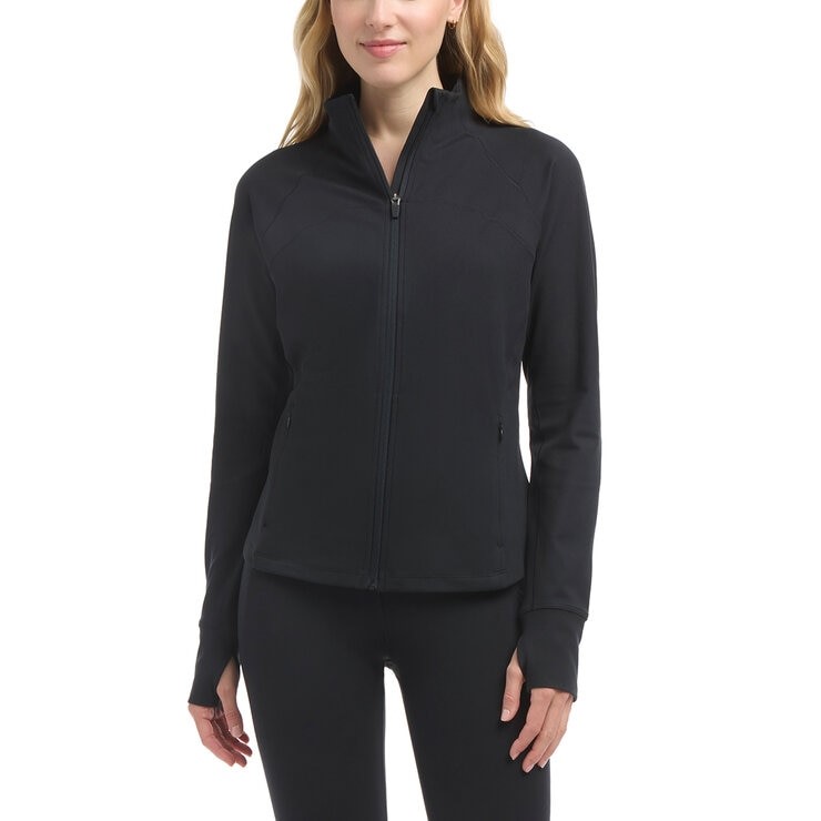 DANSKIN Women's Satin Stitch Yoga Jacket, Size L, Black Salt.