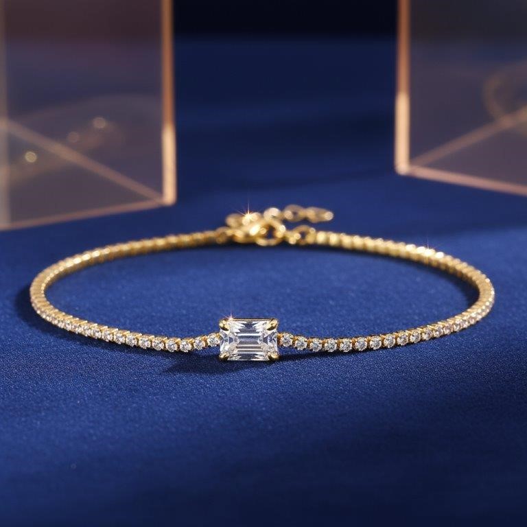 GRA Moissanite white Emerald Cut stone Tennis Bracelet -S925-18.5cm