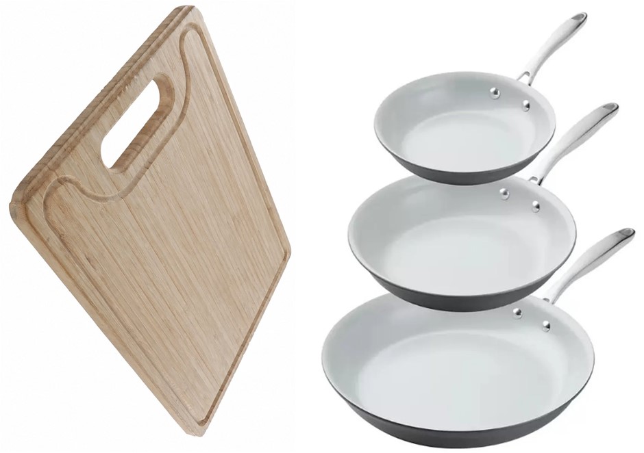 BUNDLE: 1 x WOODEN Chopping Board + 3 x Assorted TRAMONTINA Hard Anodized S