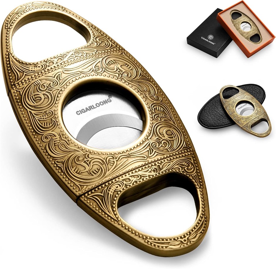 CIGARLOONG Cigar Cutter Stainless Steel Bronze Engraved Double Cut Blad, Co