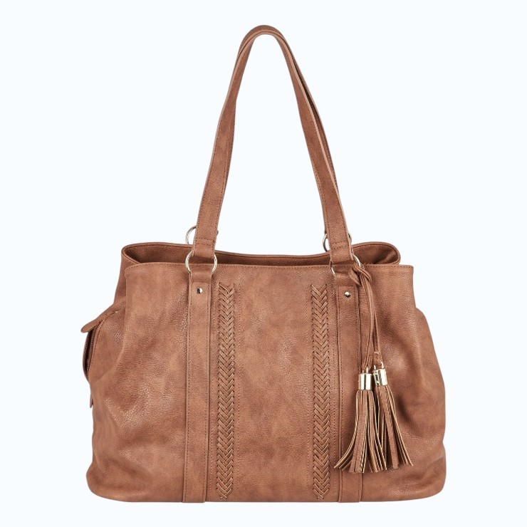 MARIKAI 3-Compartment Soft Tote Bag, Tan. NB: slight minor use, missing lea