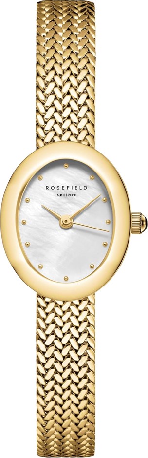 ROSEFIELD Women's Mini Oval White Dial Gold Woven Mesh Strap Watch, Gold, 1