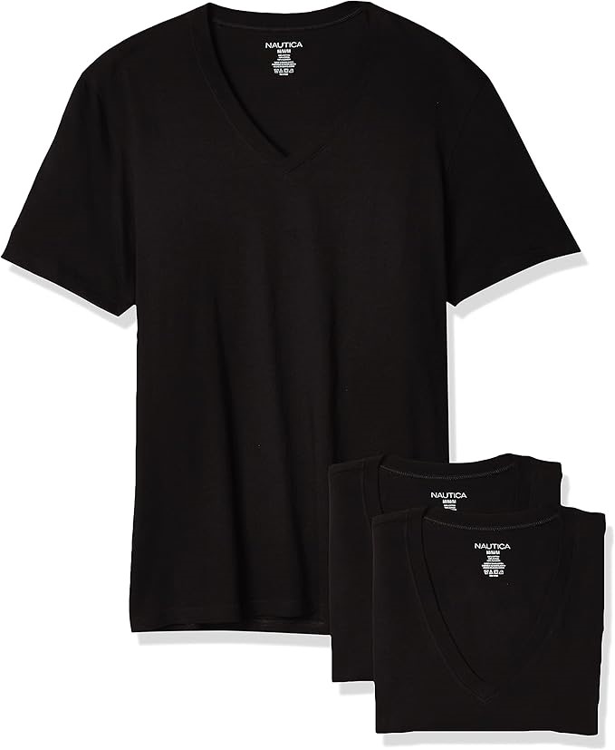 3 Pack x NAUTICA Men's Cotton V-Neck 3-Pack T-Shirt, Small, Black New, Y603