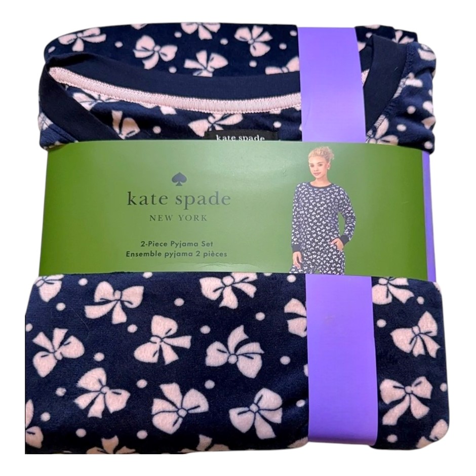 KATE SPADE Women's 2pc Velour Long PJ Set, Size XL, Navy/Ribbons. Buyers N