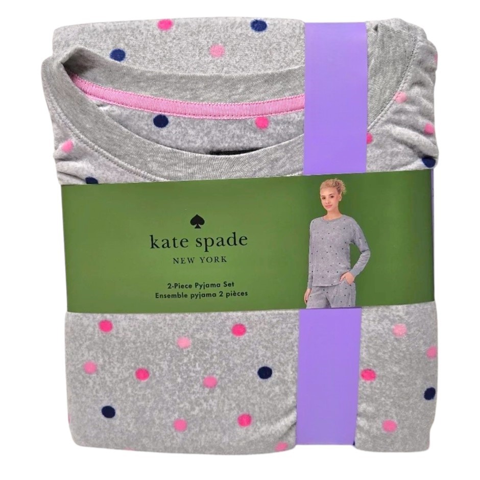 KATE SPADE Women's 2pc Velour Long PJ Set, Size M, Grey/Dots. Buyers Note