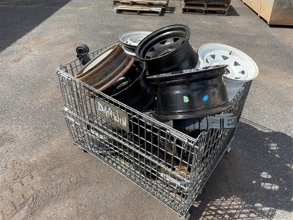 <p>Wire Mesh Pallet Cage Including Contents of Steel and Alloy Wheels</p>