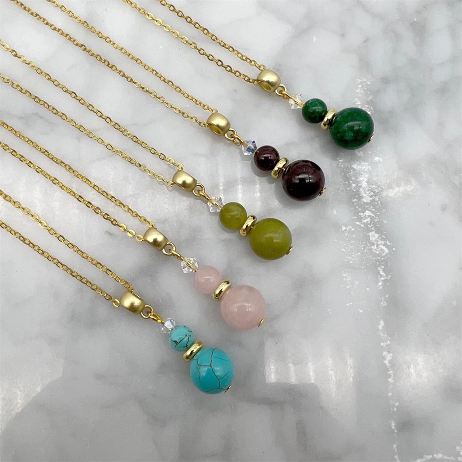 Assorted Gemstone & Swarovski Austrian Crystal Gold Plated Necklaces - 5Pcs