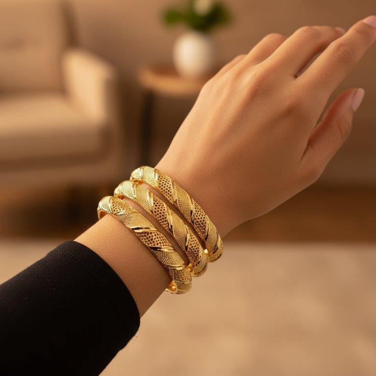 6pcs x 22KGF/ITALY Triple Yellow Gold Plated Bangles with stamp