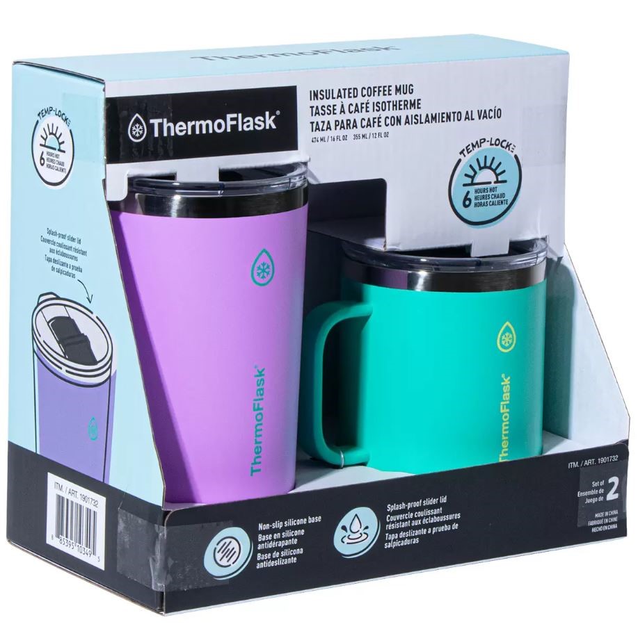 THERMOFLASK Insulated Coffee Mugs, 2-Piece Set, Violet & Green. NB: Damaged