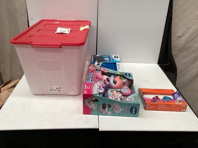White TubWith Red lid Containing Assorted Kids Toye