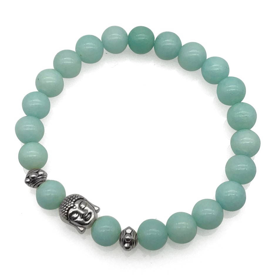 8mm Malaysia 'Jade' Quartz & Antique Silver Buddha Charm Beaded Bracelet