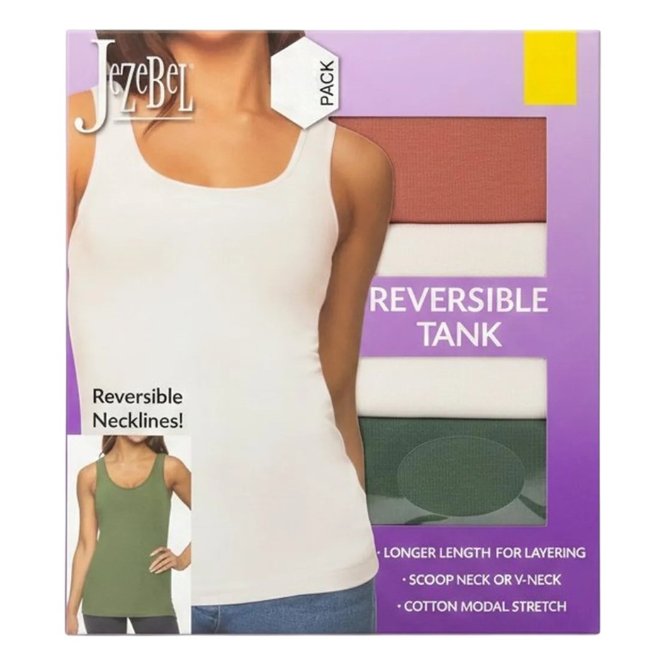 3 x JEZEBEL Reversible Tanks, Cotton/Modal, Assorted Colours. NB: image for