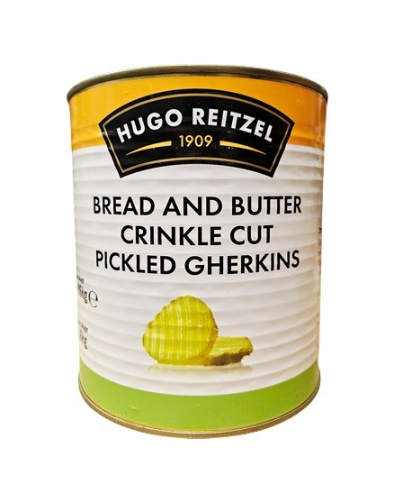 24 x HUGO REITZEL Bread & Butter Crinkle Cut Pickled Gherkins, 2.96kg. Best