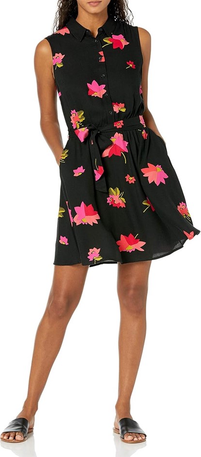 AMAZON ESSENTIALS Women's Sleeveless Woven Shirt Dress, Size 2XL, Black Pin