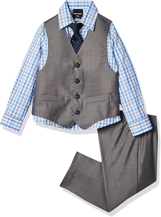 4pcs x NAUTICA Boys Formal Suit Set, Vest, Pants, Collared Dress Shirt, and