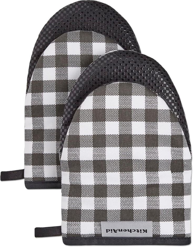 KitchenAid Gingham Mini Oven Mitt 2-Pack Set, Onyx Black, 5.5"x8"