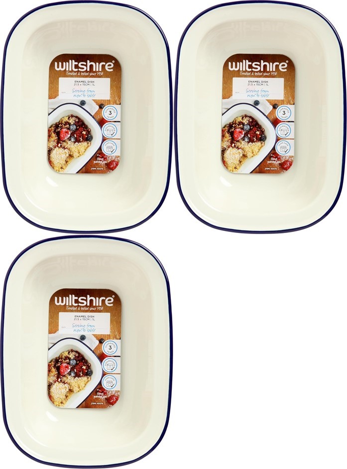 3 x WILTSHIRE Enamel Oblong Pie Dish, 1L Capacity, White/Blue