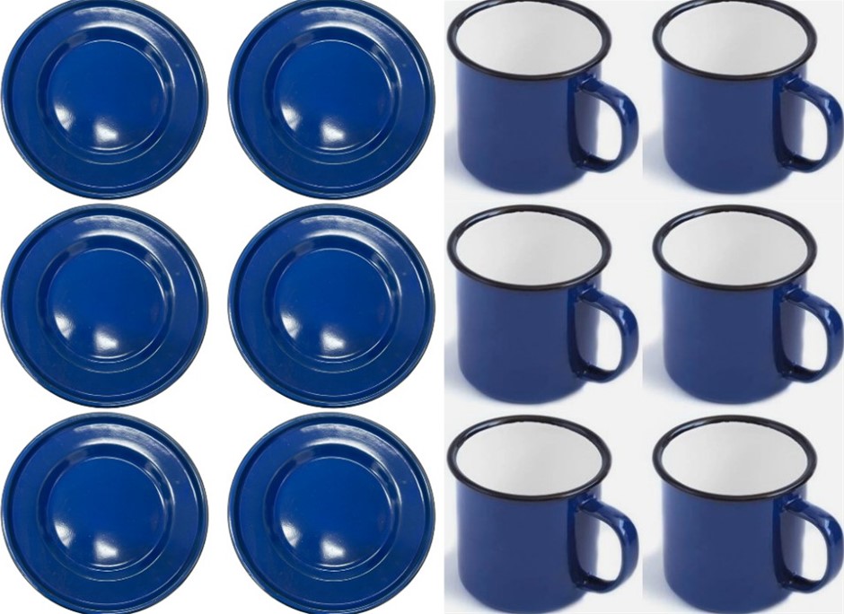 BUNDLE of 6x Flat Enamel Plate Blue 22cm + 6x Enamel Mug Cup 8cm White Blue