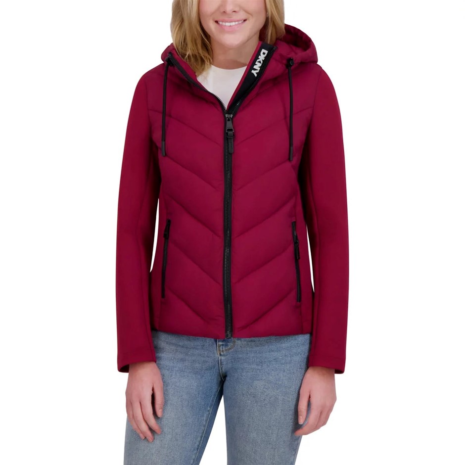 DKNY Women's Mixed Media Jacket, Size S, Tibetan Red. Buyers Note - Discou