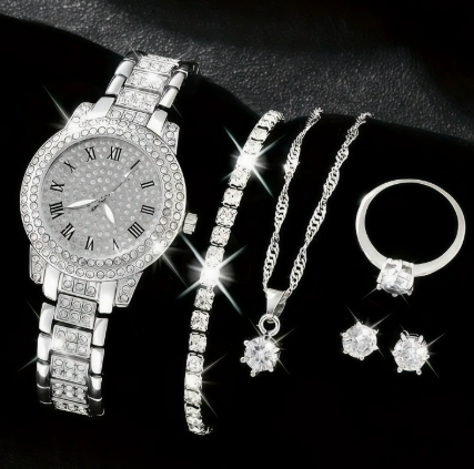 6-Piece Jewellery Set. Watch, Necklace, Bracelet, Ring & Earrings(Gift Box)
