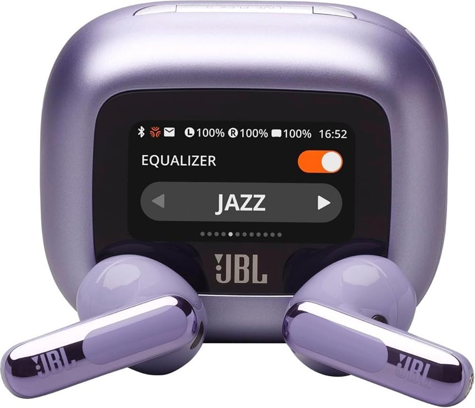 JBL Live Flex 3 True Wireless Noise Cancelling Earbuds with Screen, Purple.