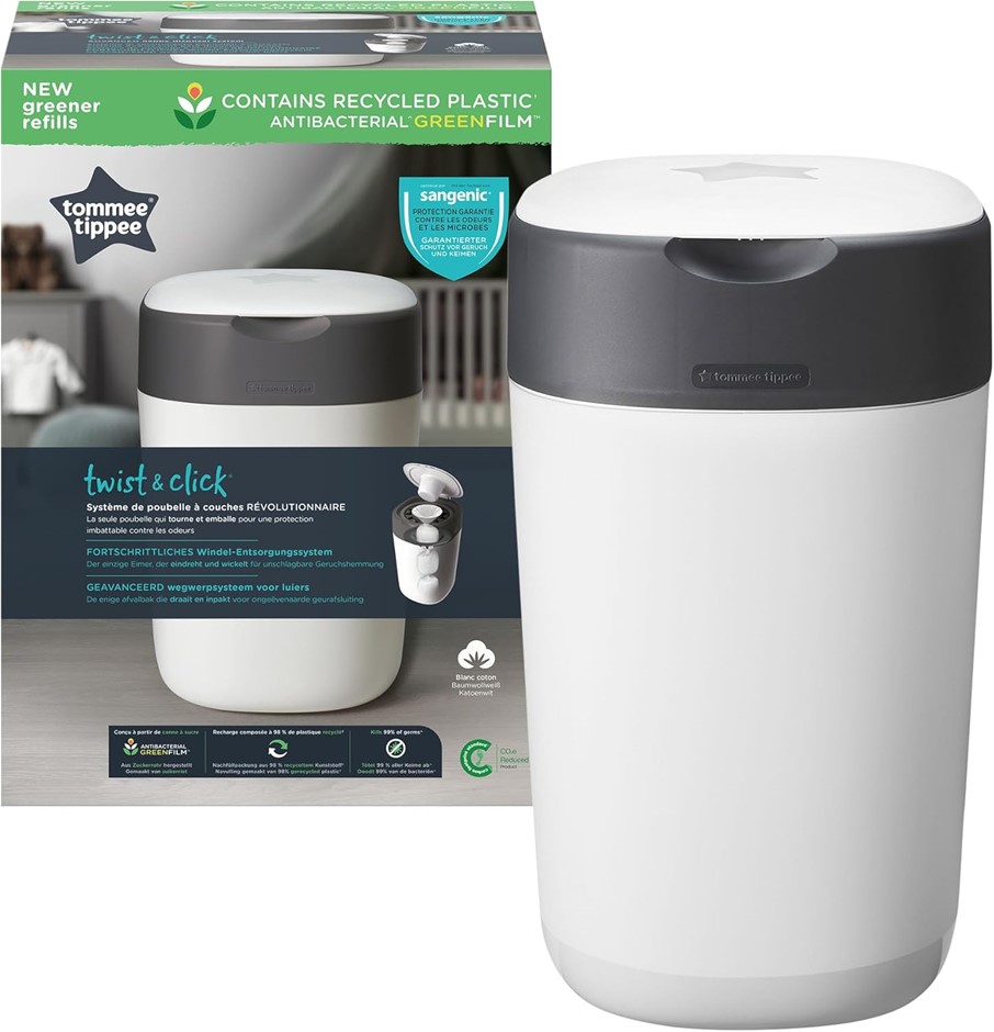 TOMMEE TIPPEE Twist and Click Advanced Nappy Bin, Eco-Friendlier System, In