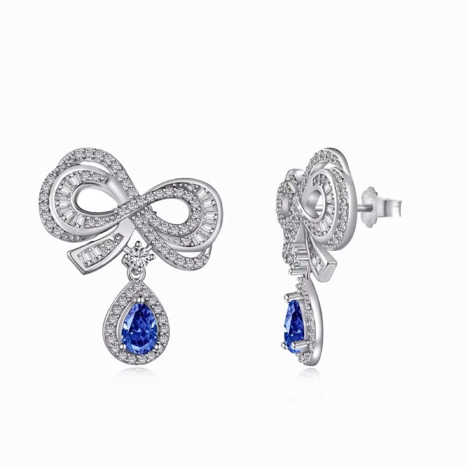 Ribbon Simulated Diamonds 925 Sterling Silver Dangling Earrings