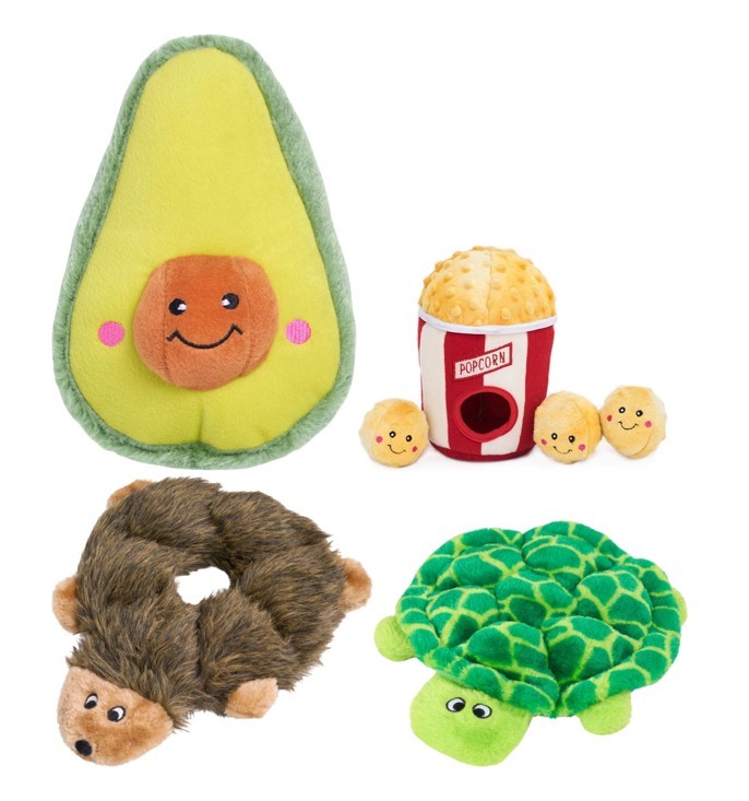 4 X ASSORTED ZIPPY PAWS DOG TOYS; 1 X POPCORN BUCKET, 1 X PURPLE MONKEY, 1